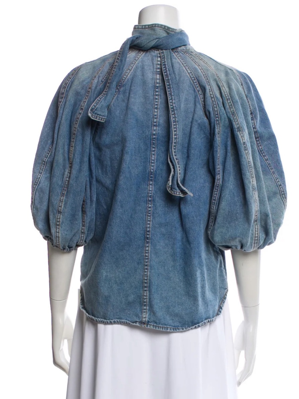 Zimmermann Blue Denim Puff-Sleeve Tie-Neck Blouse - Picture 3 of 4